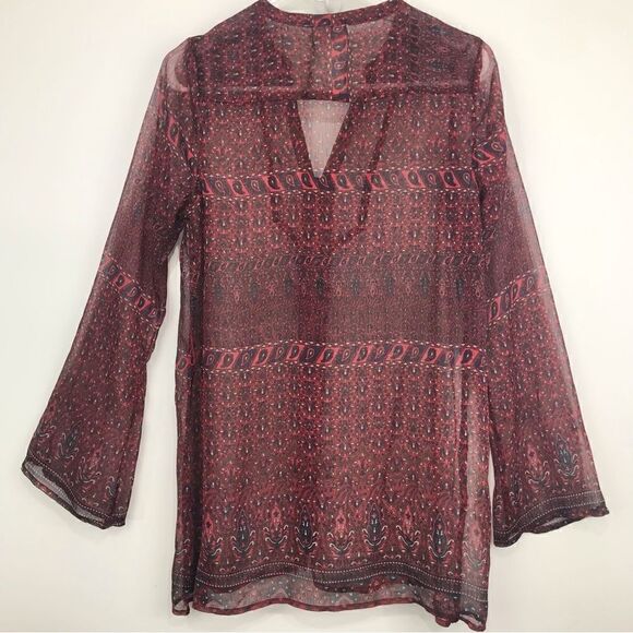 Converse One Star Burgundy Paisley Print Semi Sheer Button Up Tunic Blouse - Picture 6 of 16